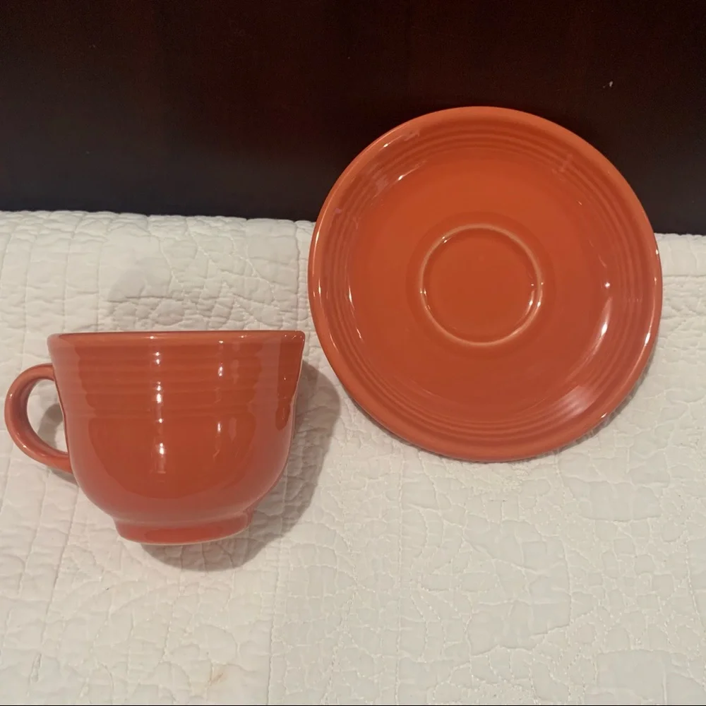 Pink orange Fiesta Fiestaware teacup and saucer